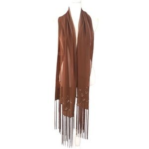Brown Sheer Sequins, Beaded, and Fringe Lightweight Scarf